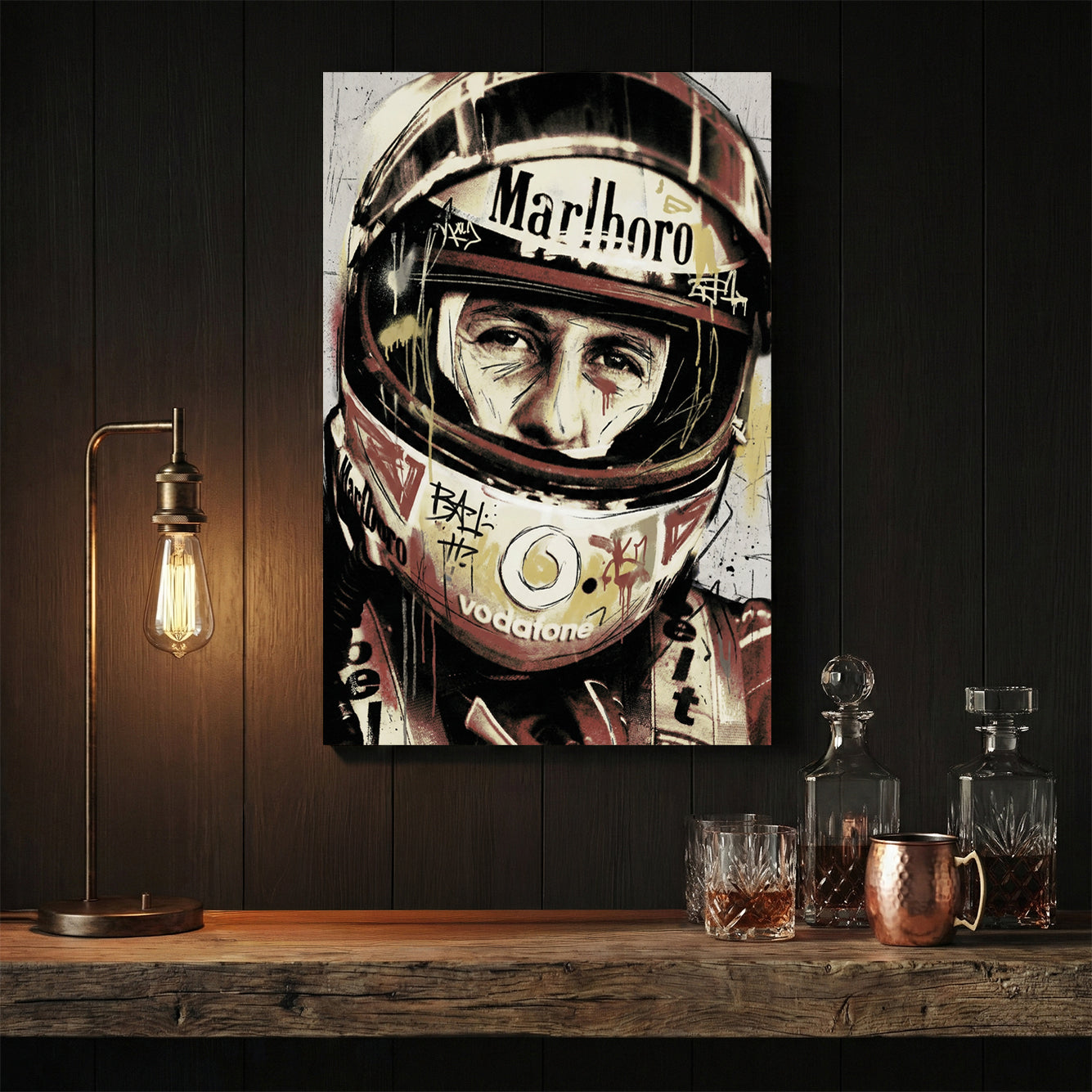 Michael Schumacher in racing helmet urban graphic portrait