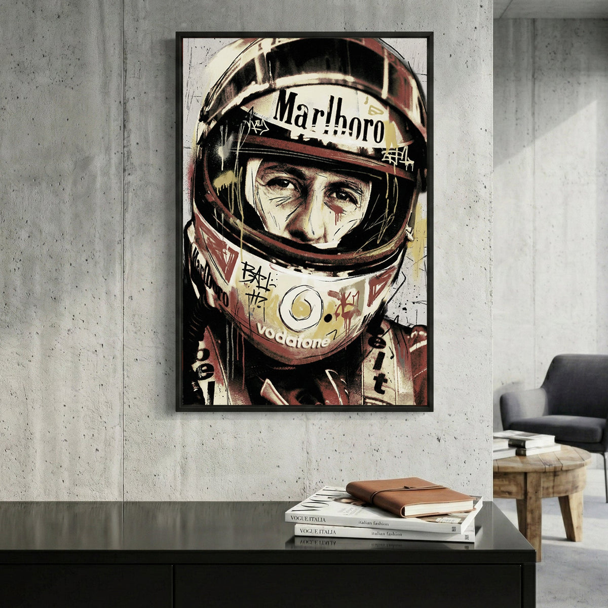Michael Schumacher in racing helmet urban graphic portrait