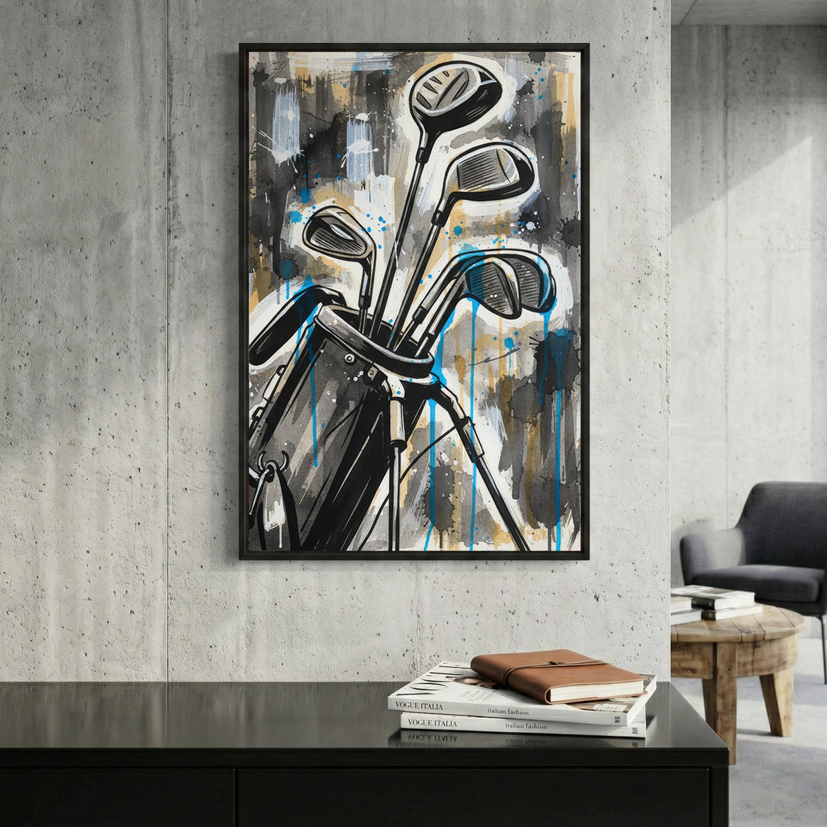 Golf clubs still life mixed media wall art print
