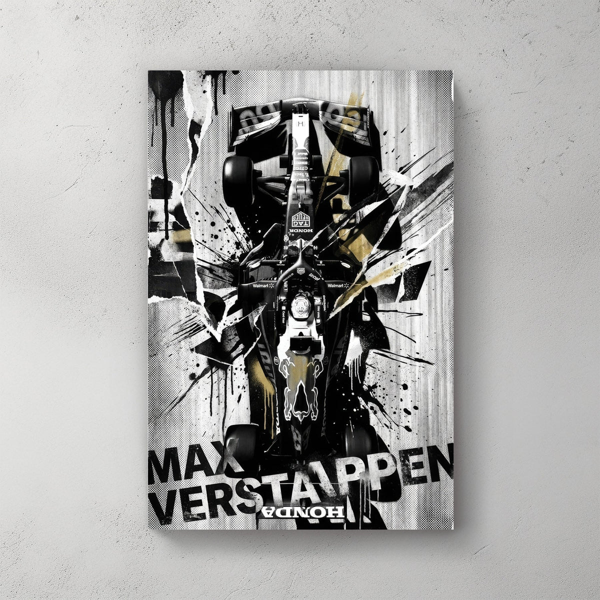Max Verstappen Red Bull F1 car street art with black, white, and gold ink splatters