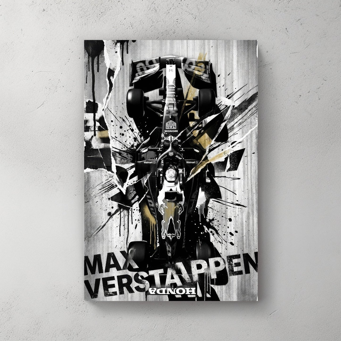 Max Verstappen Red Bull F1 car street art with black, white, and gold ink splatters