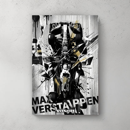 Max Verstappen Red Bull F1 car street art with black, white, and gold ink splatters
