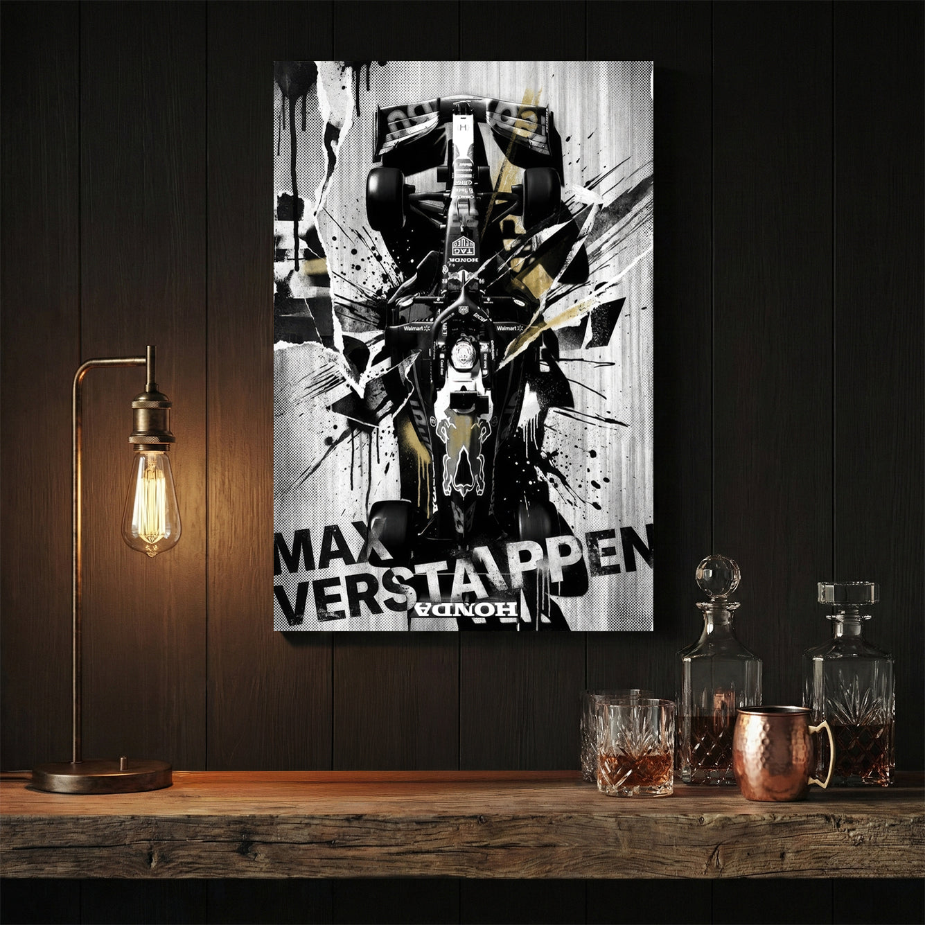 Max Verstappen Red Bull F1 car street art with black, white, and gold ink splatters