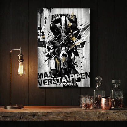 Max Verstappen Red Bull F1 car street art with black, white, and gold ink splatters