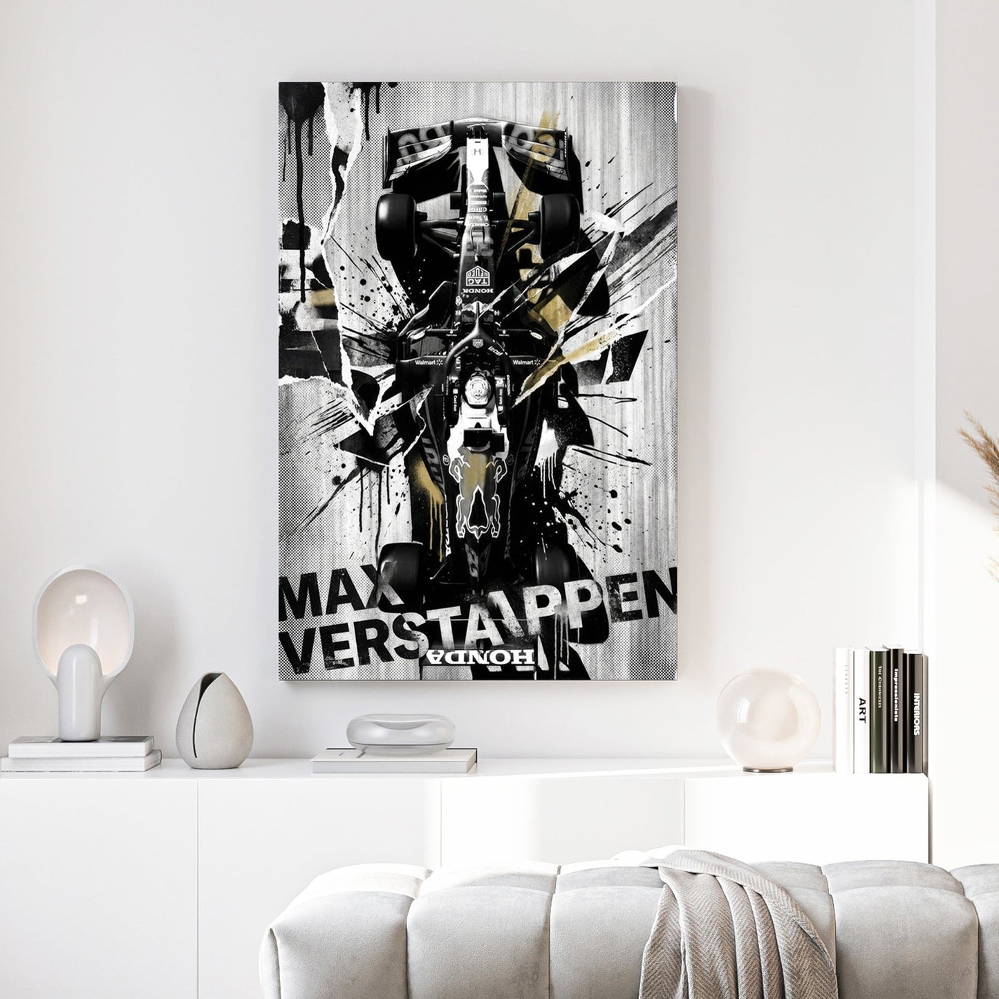 Max Verstappen Red Bull F1 car street art with black, white, and gold ink splatters