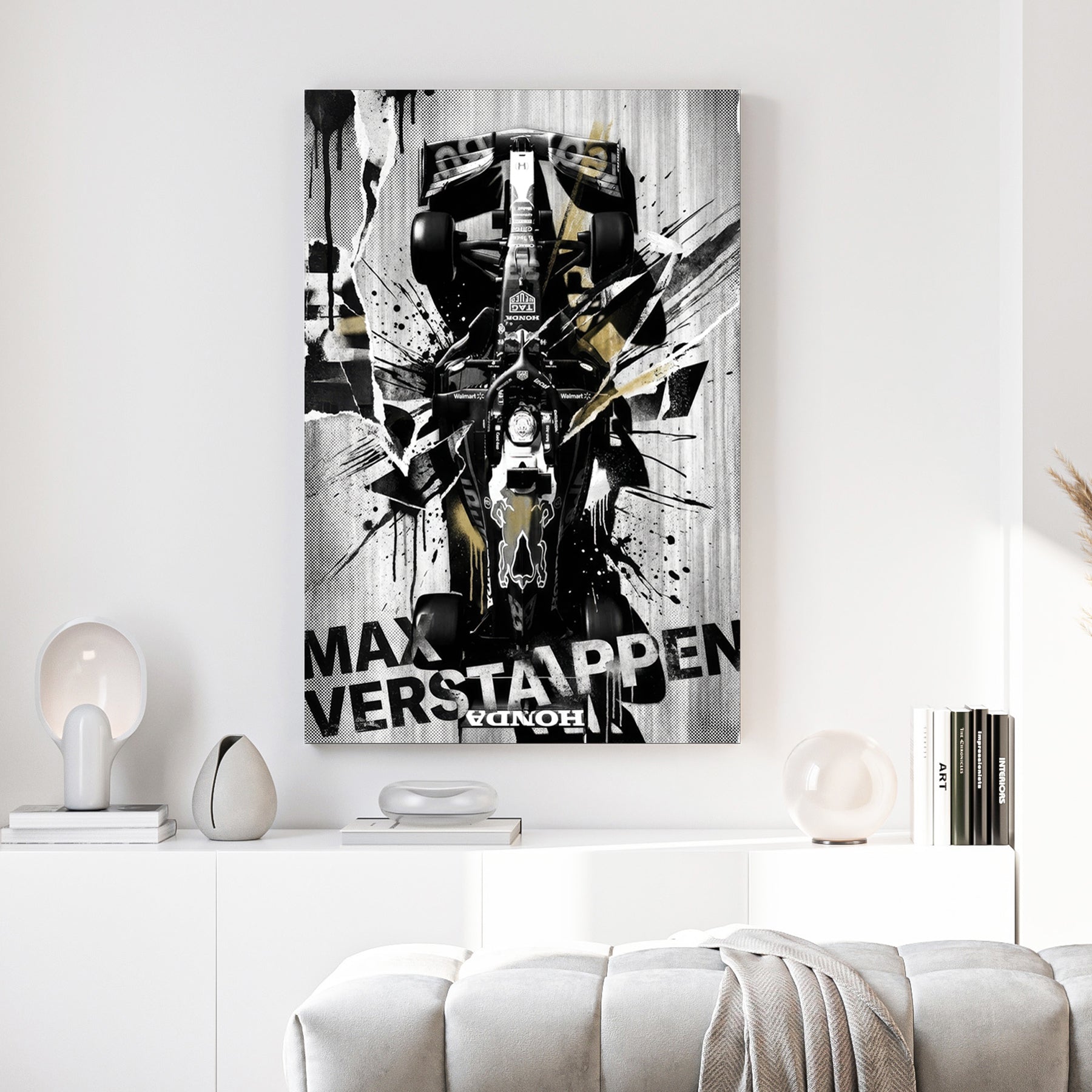 Max Verstappen Red Bull F1 car street art with black, white, and gold ink splatters