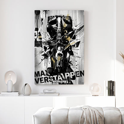 Max Verstappen Red Bull F1 car street art with black, white, and gold ink splatters