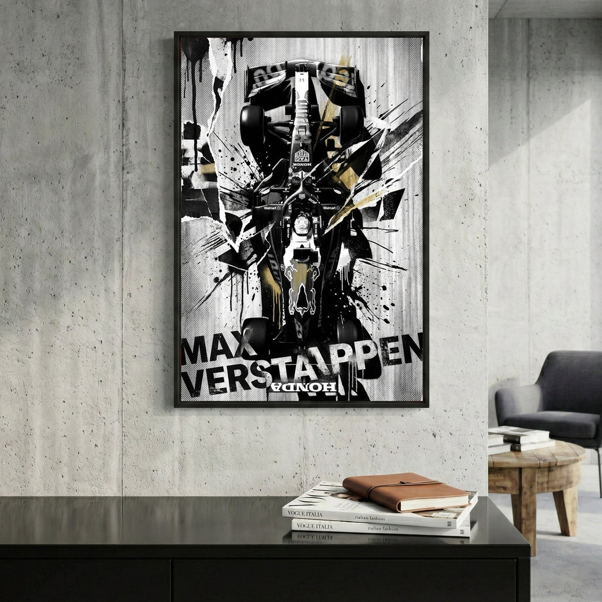 Max Verstappen Red Bull F1 car street art with black, white, and gold ink splatters