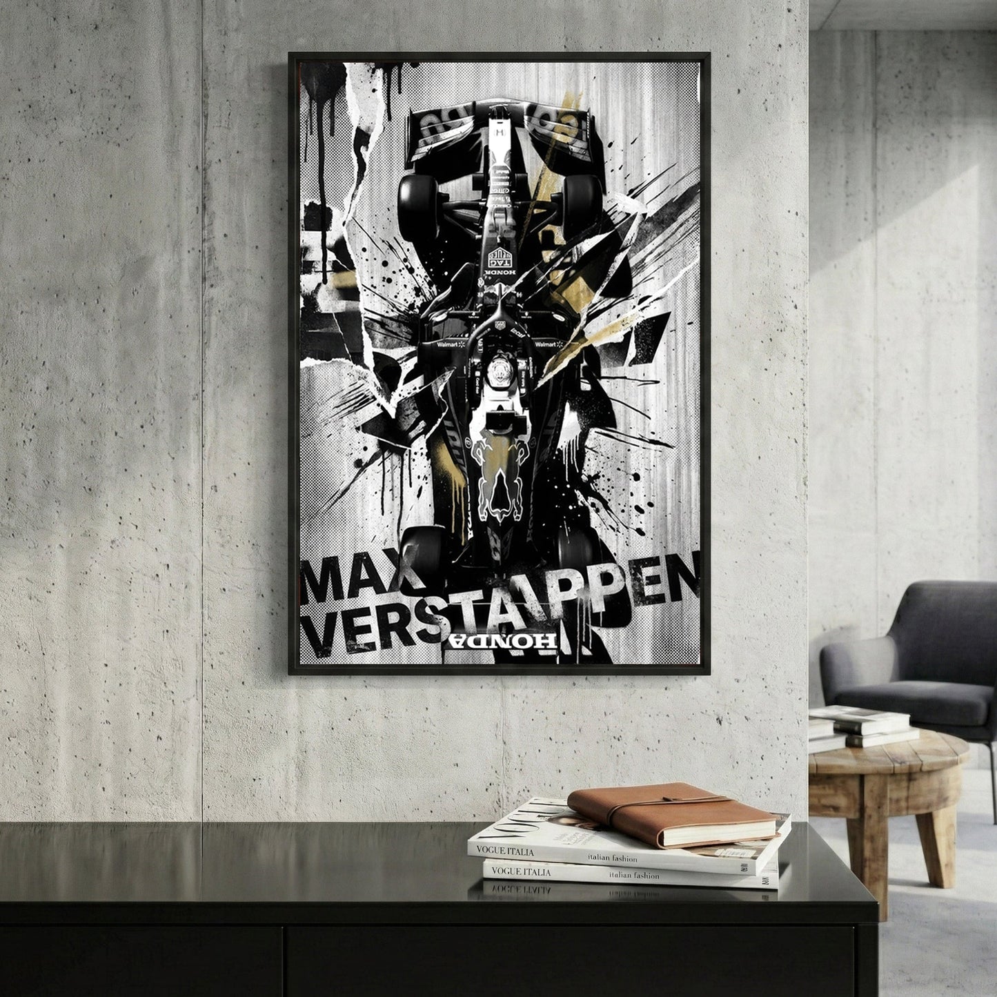 Max Verstappen Red Bull F1 car street art with black, white, and gold ink splatters