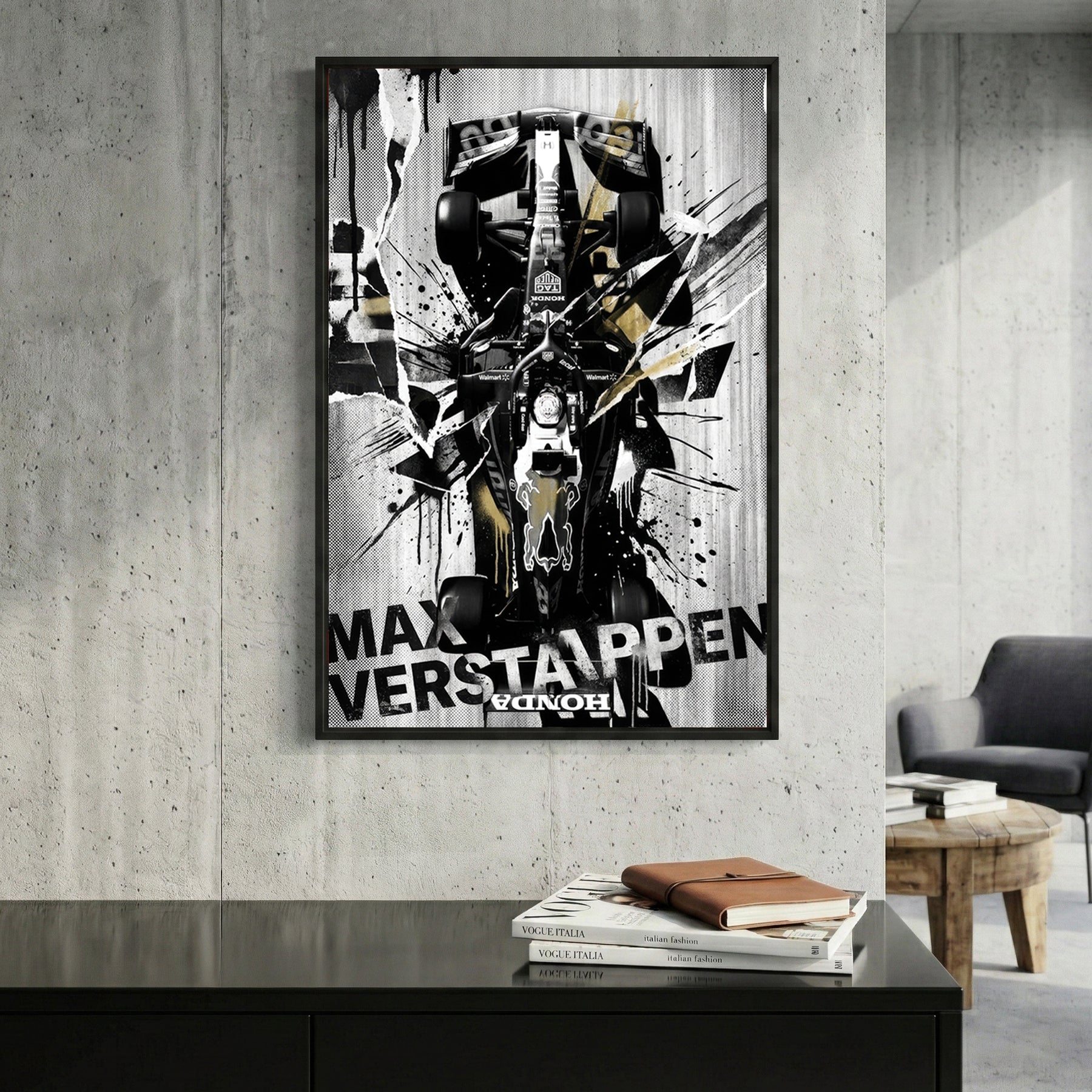 Max Verstappen Red Bull F1 car street art with black, white, and gold ink splatters
