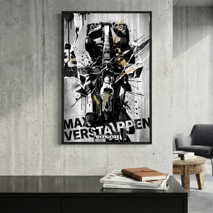 Max Verstappen Red Bull F1 car street art with black, white, and gold ink splatters