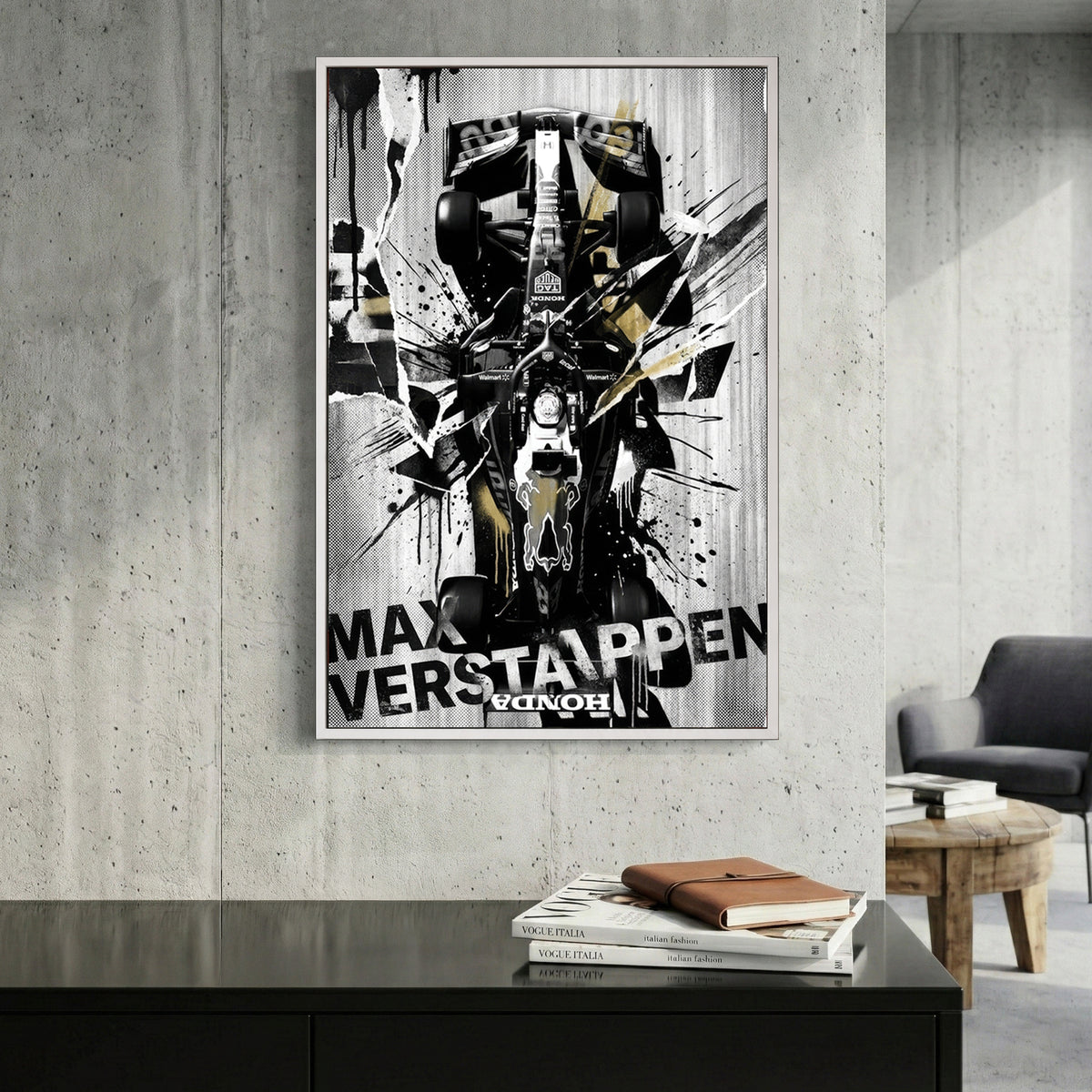 Max Verstappen Red Bull F1 car street art with black, white, and gold ink splatters