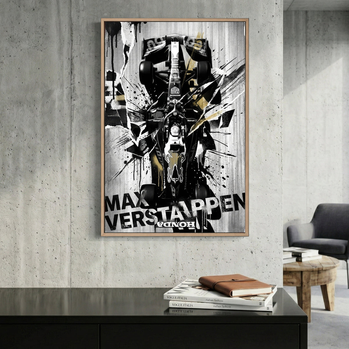 Max Verstappen Red Bull F1 car street art with black, white, and gold ink splatters