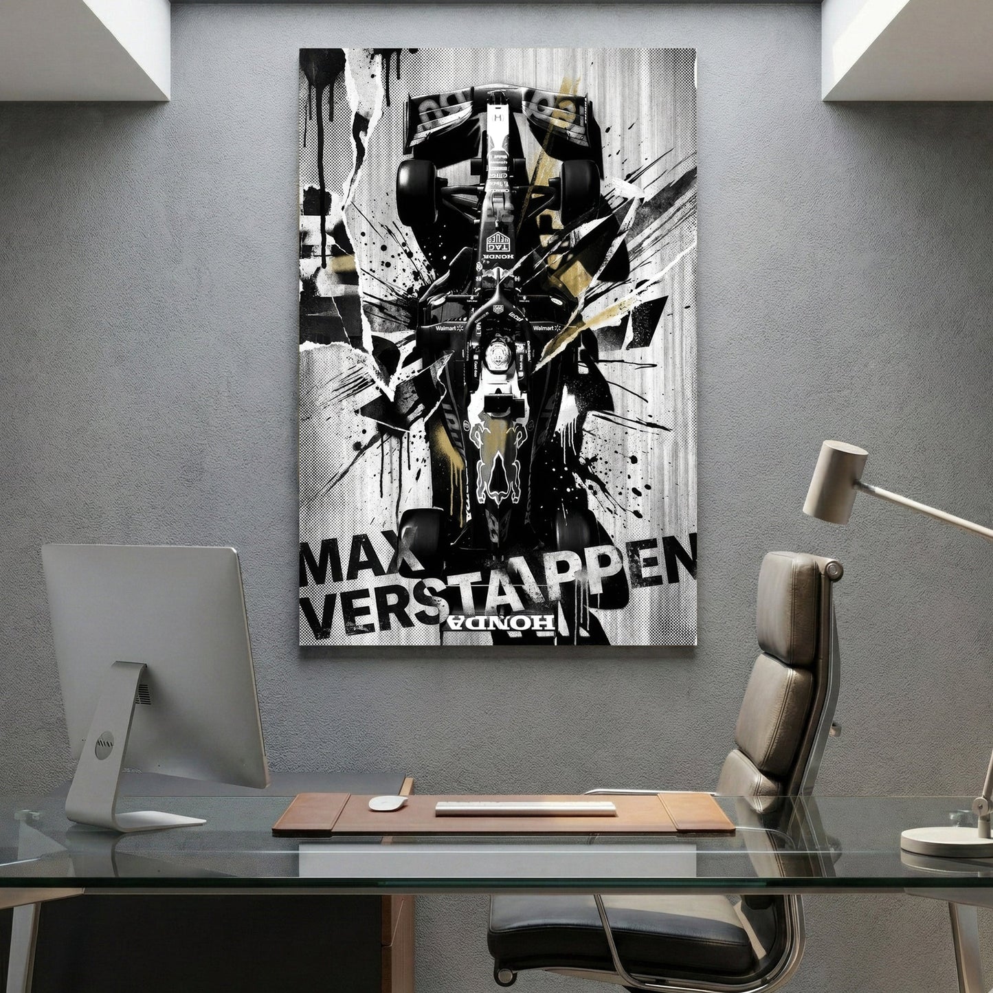 Max Verstappen Red Bull F1 car street art with black, white, and gold ink splatters