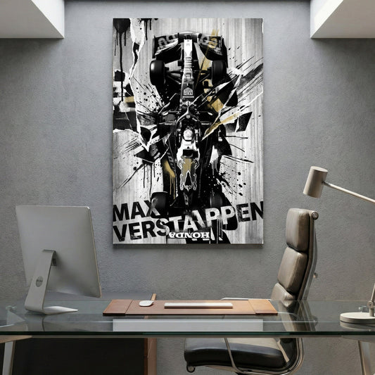 Max Verstappen Red Bull F1 car street art with black, white, and gold ink splatters