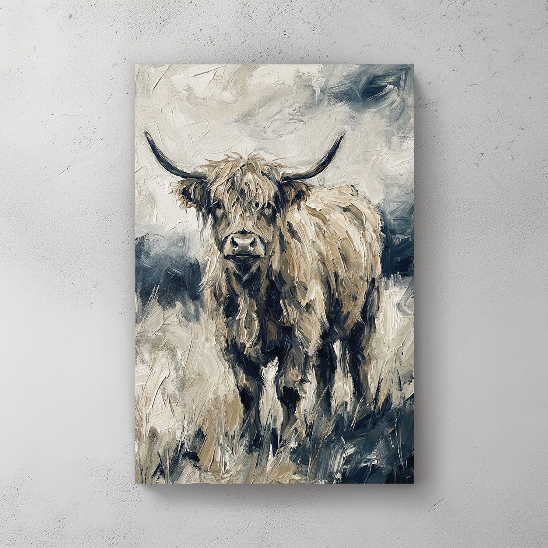 Highland cattle watercolour portrait with horns and shaggy coat in cream and grey