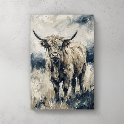 Highland cattle watercolour portrait with horns and shaggy coat in cream and grey