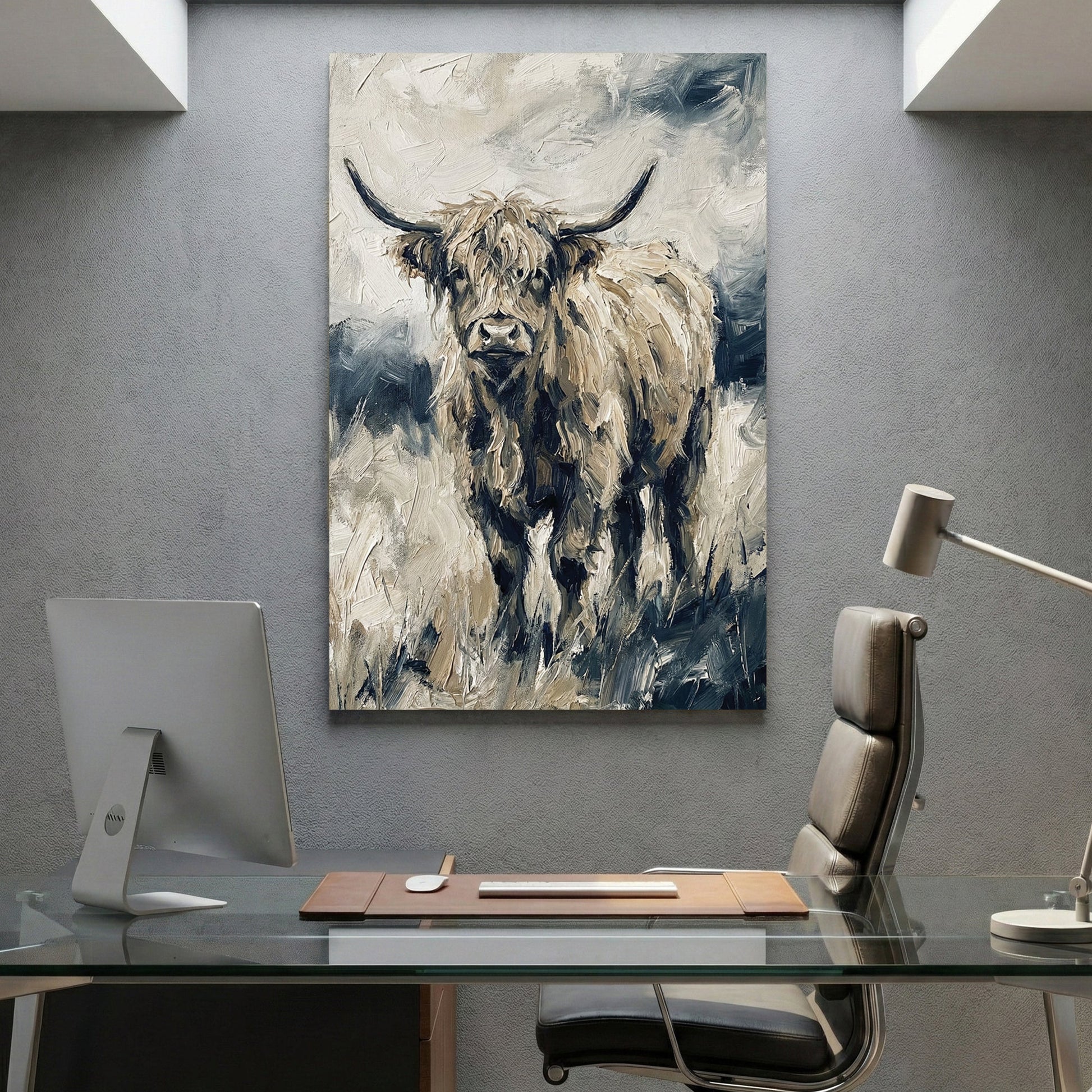 Highland cattle watercolour portrait with horns and shaggy coat in cream and grey