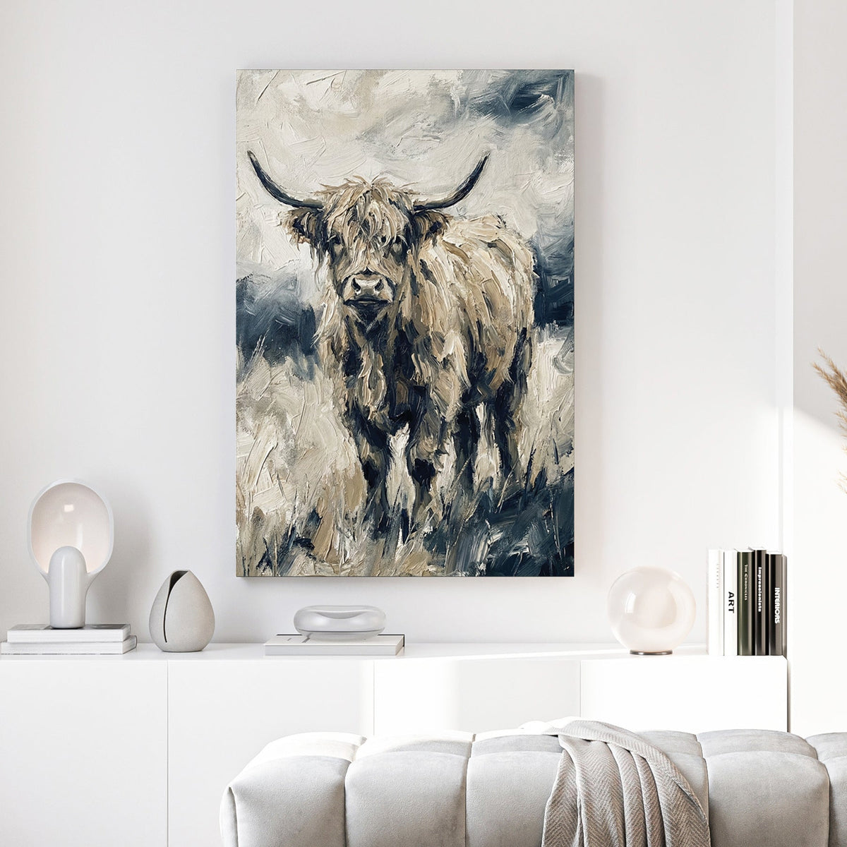 Highland cattle watercolour portrait with horns and shaggy coat in cream and grey