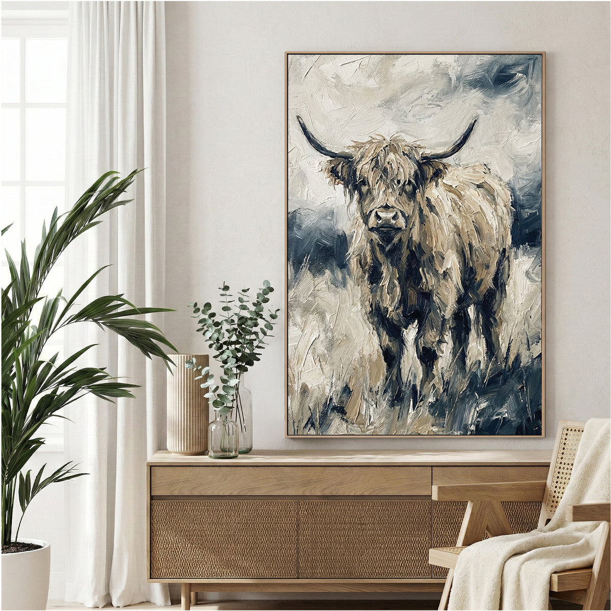 Highland cattle watercolour portrait with horns and shaggy coat in cream and grey