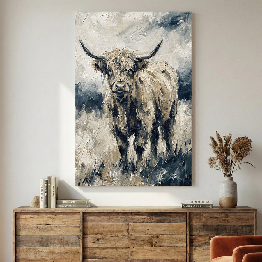 Highland cattle watercolour portrait with horns and shaggy coat in cream and grey