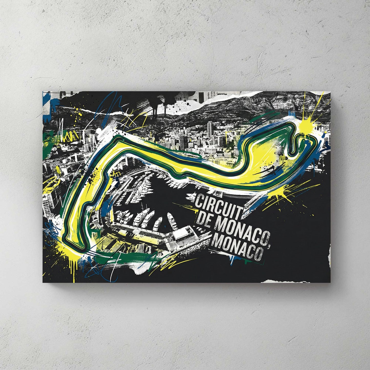 Circuit de Monaco racing track street art with neon yellow and blue lines