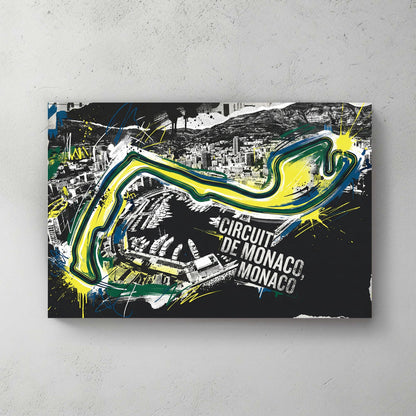 Circuit de Monaco racing track street art with neon yellow and blue lines