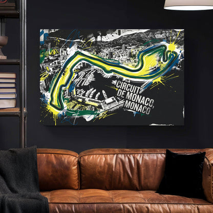 Circuit de Monaco racing track street art with neon yellow and blue lines