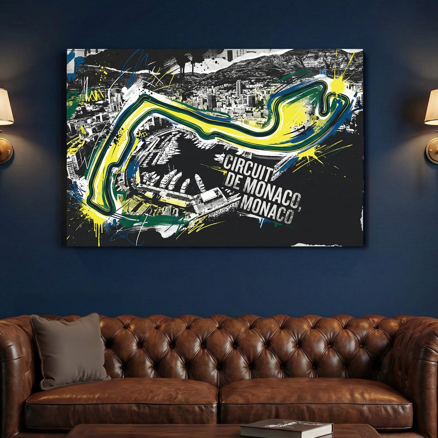 Circuit de Monaco racing track street art with neon yellow and blue lines