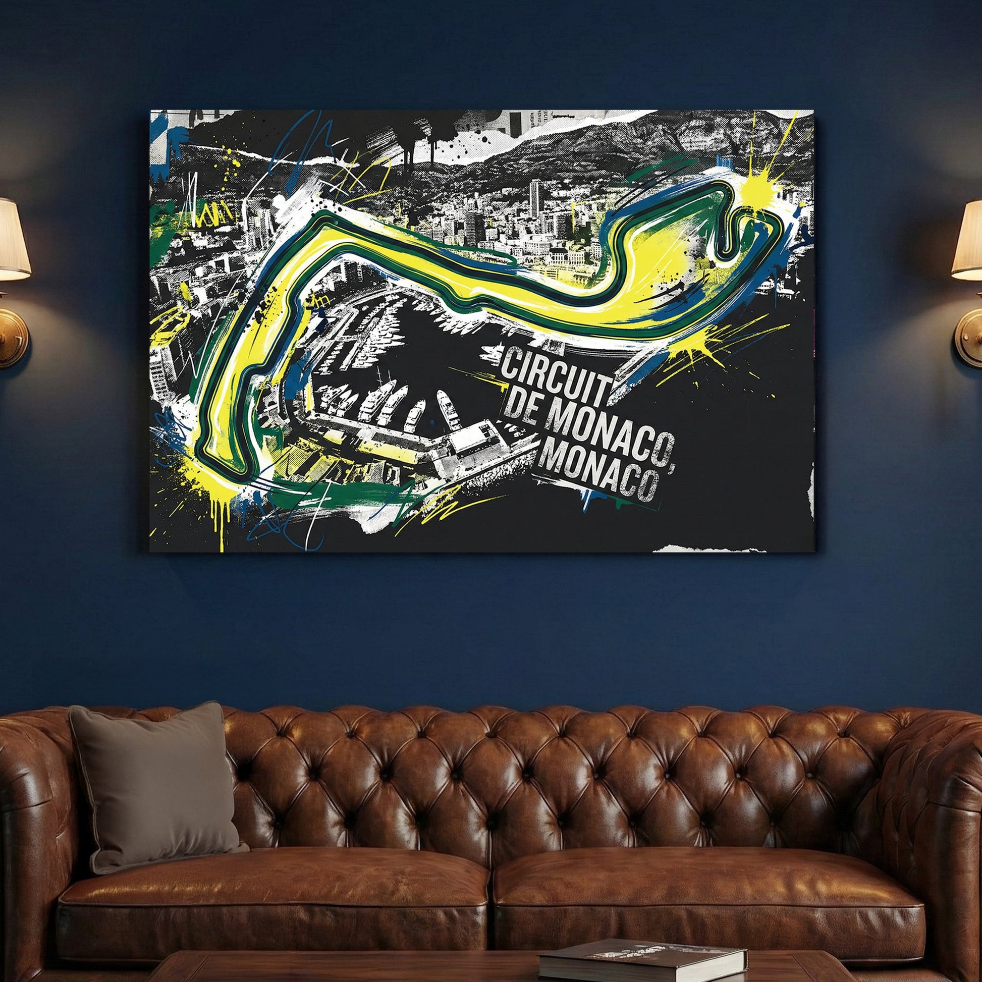 Circuit de Monaco racing track street art with neon yellow and blue lines