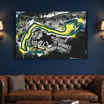Circuit de Monaco racing track street art with neon yellow and blue lines