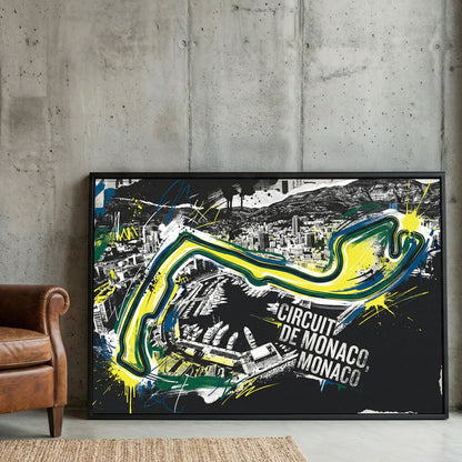 Circuit de Monaco racing track street art with neon yellow and blue lines