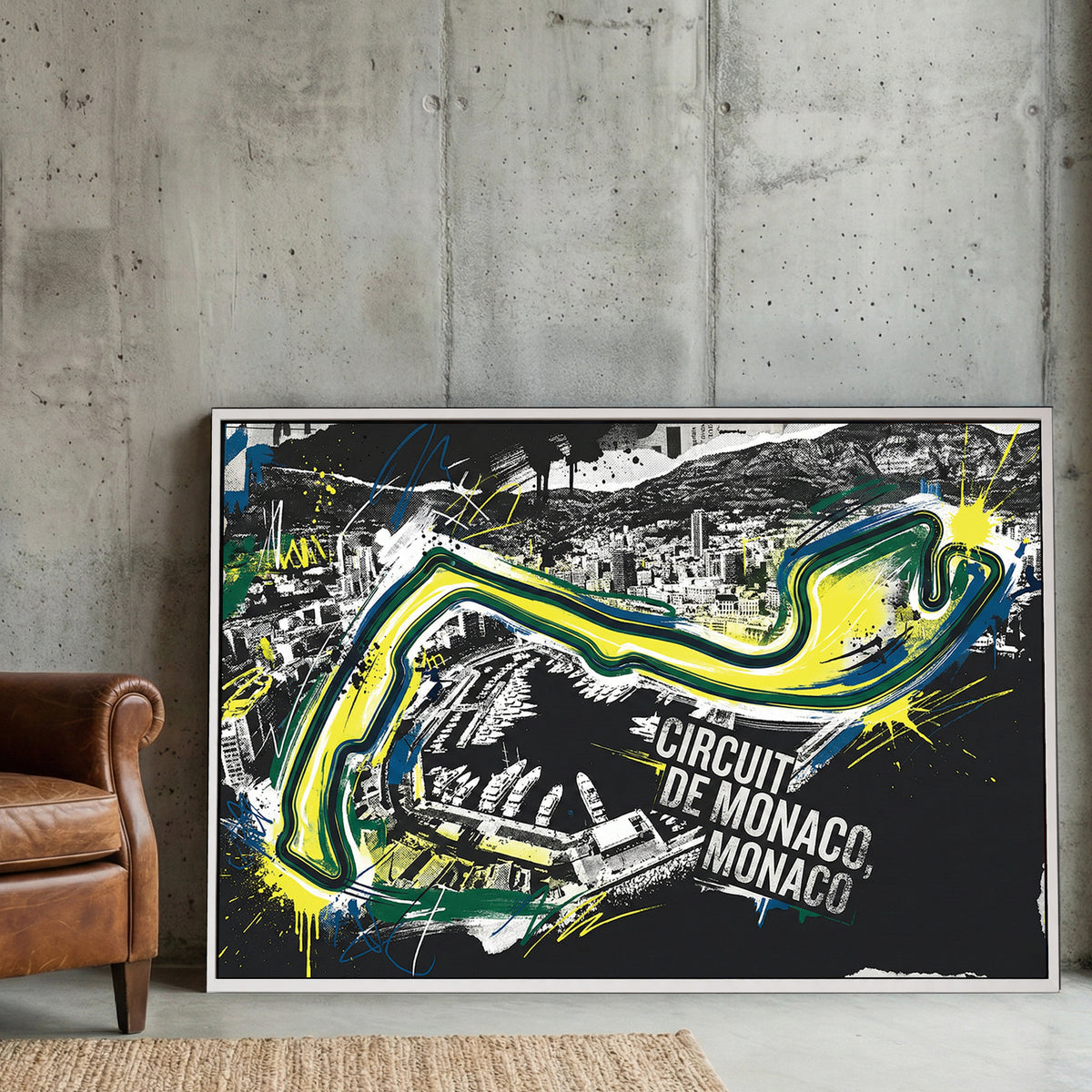 Circuit de Monaco racing track street art with neon yellow and blue lines