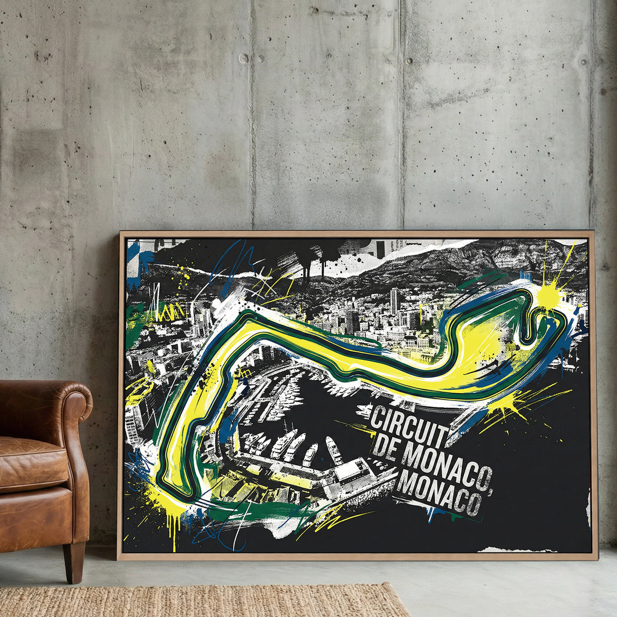 Circuit de Monaco racing track street art with neon yellow and blue lines