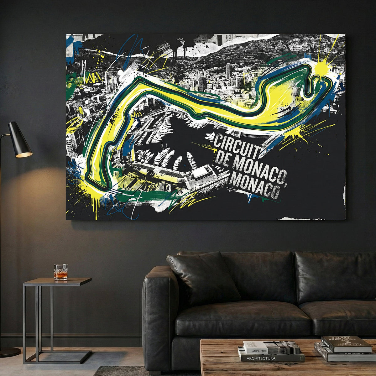 Circuit de Monaco racing track street art with neon yellow and blue lines