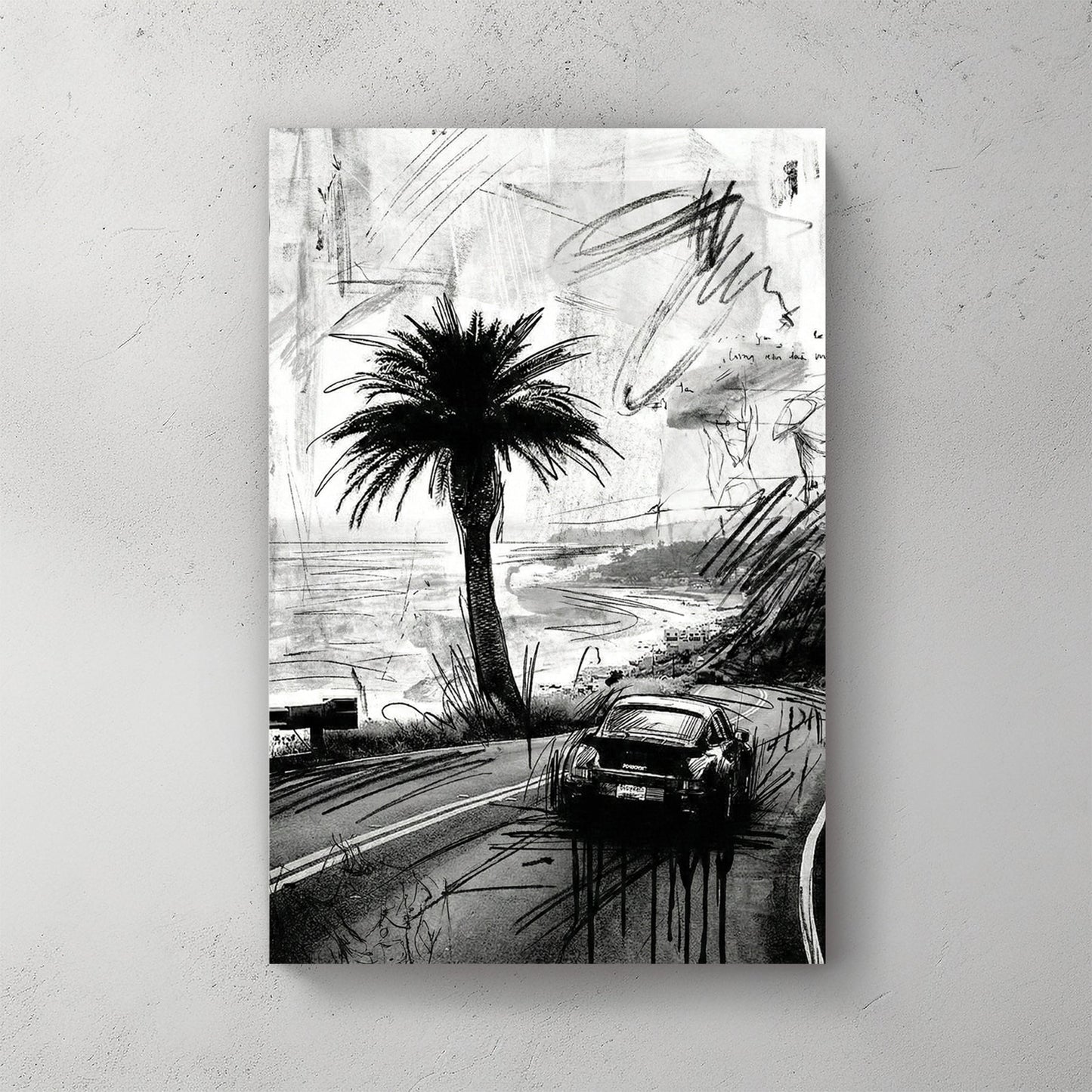Porsche 911 car sketch on coastal road with palm tree ink drawing