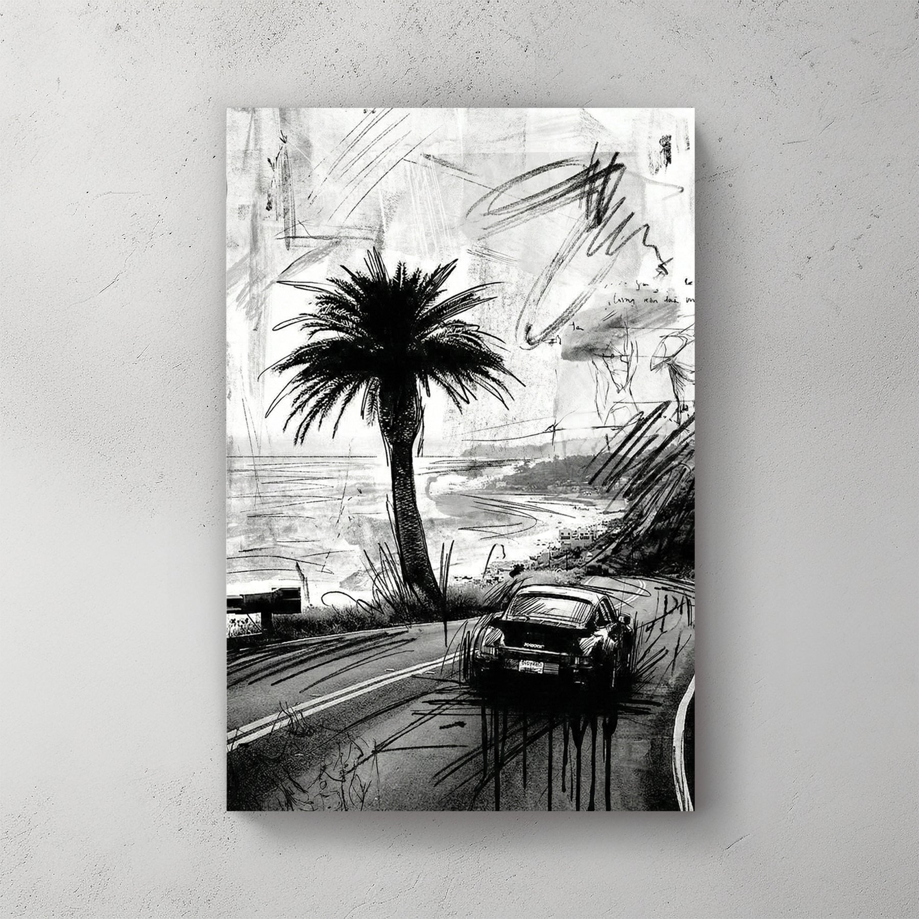 Porsche 911 car sketch on coastal road with palm tree ink drawing