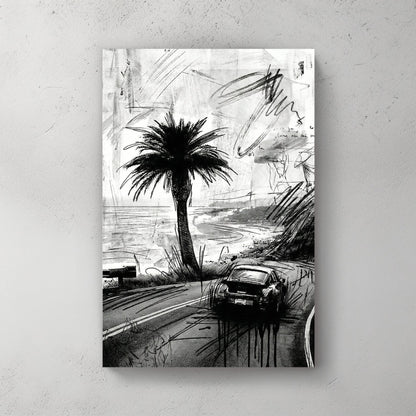 Porsche 911 car sketch on coastal road with palm tree ink drawing