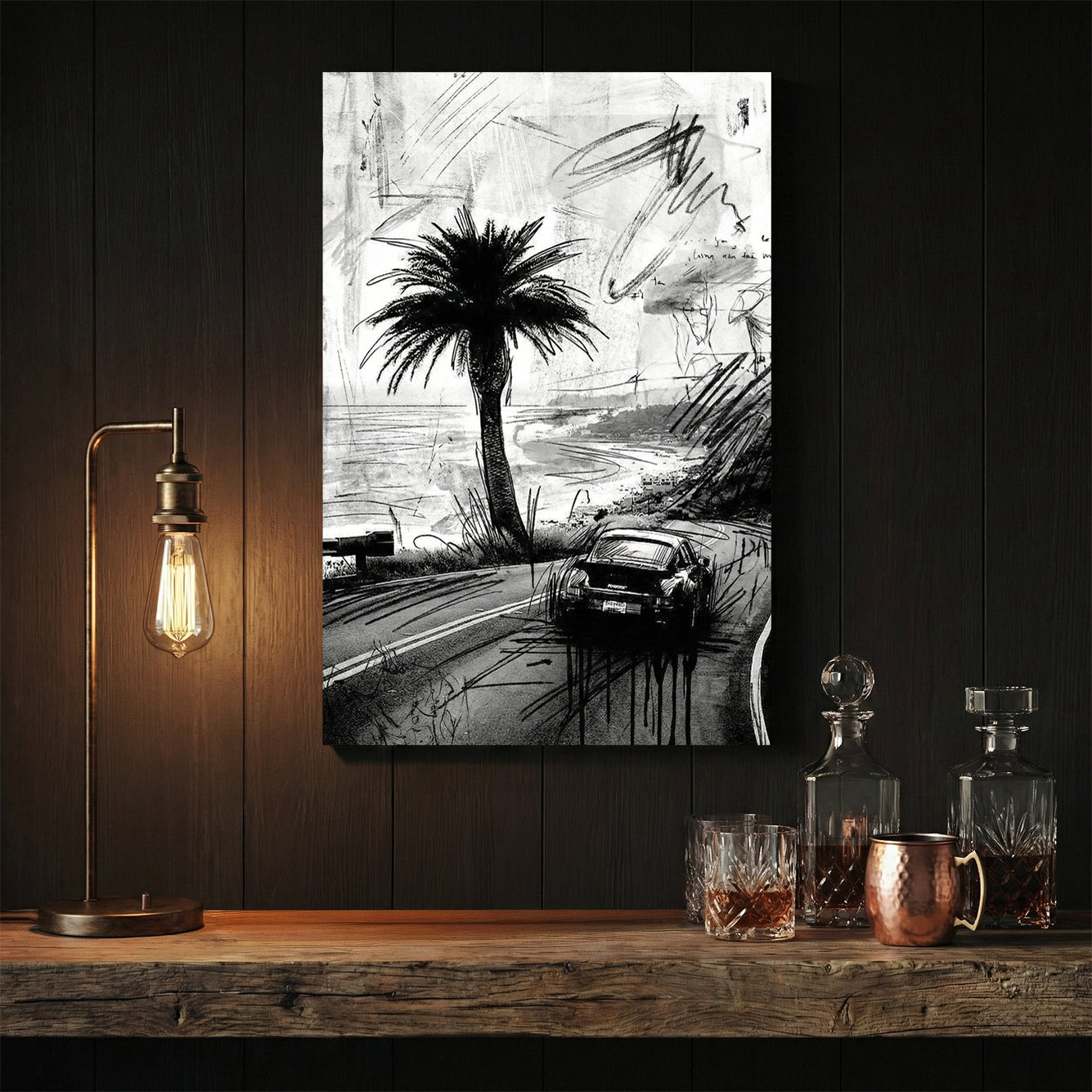 Porsche 911 car sketch on coastal road with palm tree ink drawing