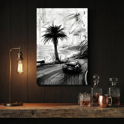 Porsche 911 car sketch on coastal road with palm tree ink drawing