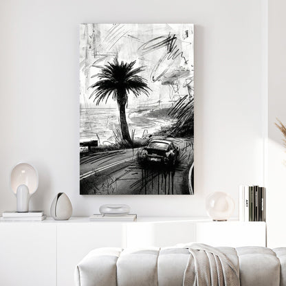 Porsche 911 car sketch on coastal road with palm tree ink drawing
