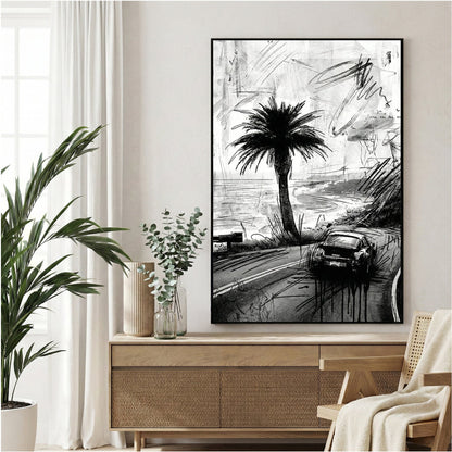 Porsche 911 car sketch on coastal road with palm tree ink drawing