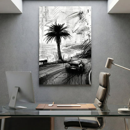 Porsche 911 car sketch on coastal road with palm tree ink drawing