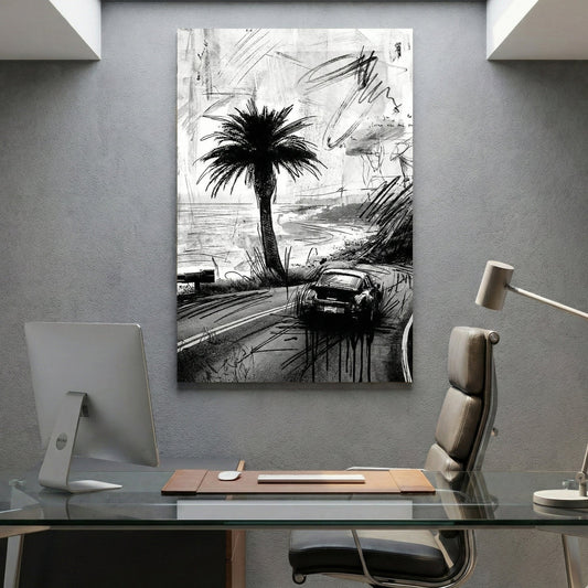 Porsche 911 car sketch on coastal road with palm tree ink drawing