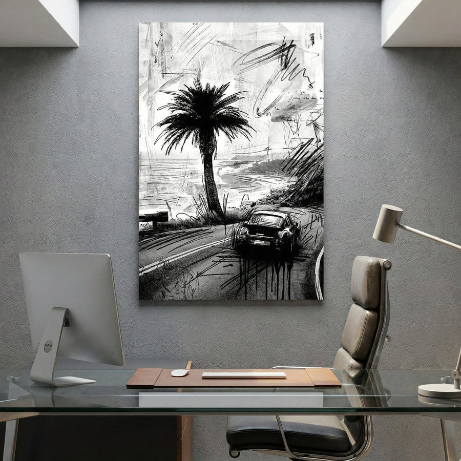 Porsche 911 car sketch on coastal road with palm tree ink drawing