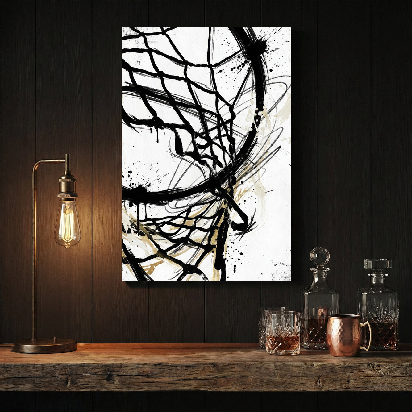 Basketball net close-up black ink geometric line art drawing