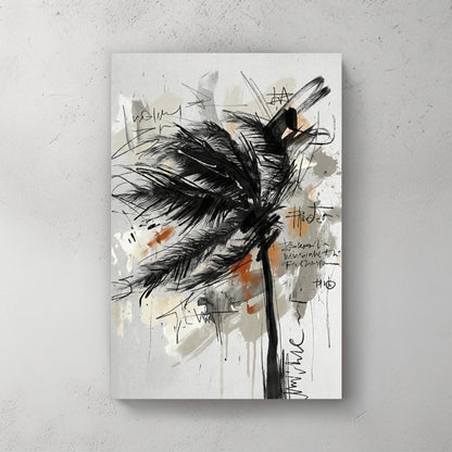 Palm tree swaying wind sketch retro ink watercolour illustration