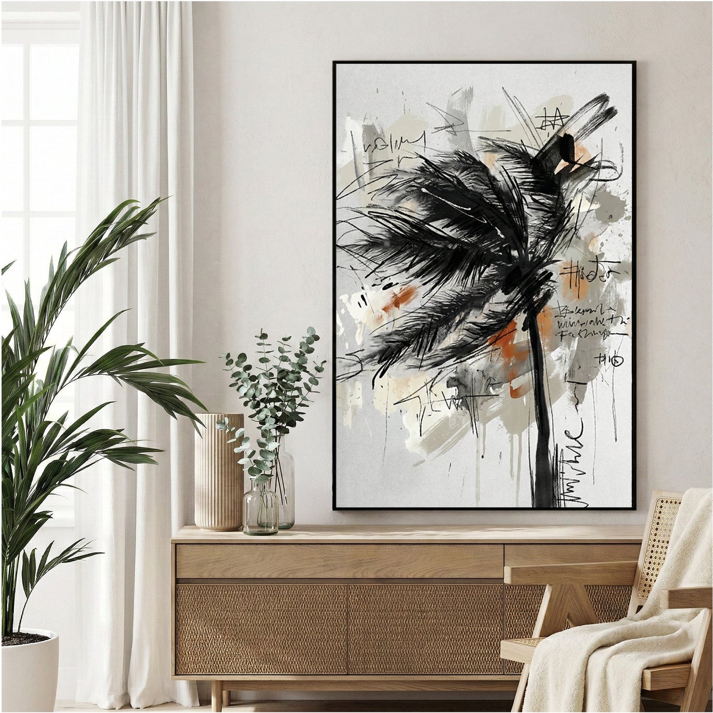 Palm tree swaying wind sketch retro ink watercolour illustration