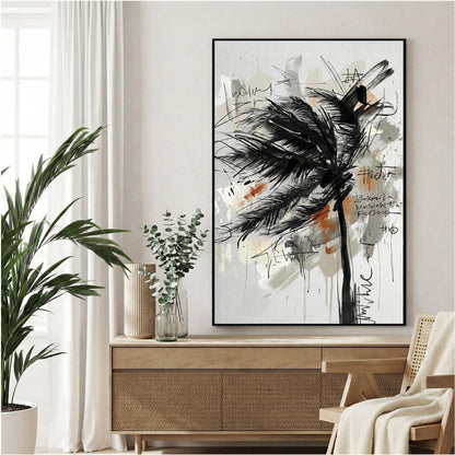 Palm tree swaying wind sketch retro ink watercolour illustration