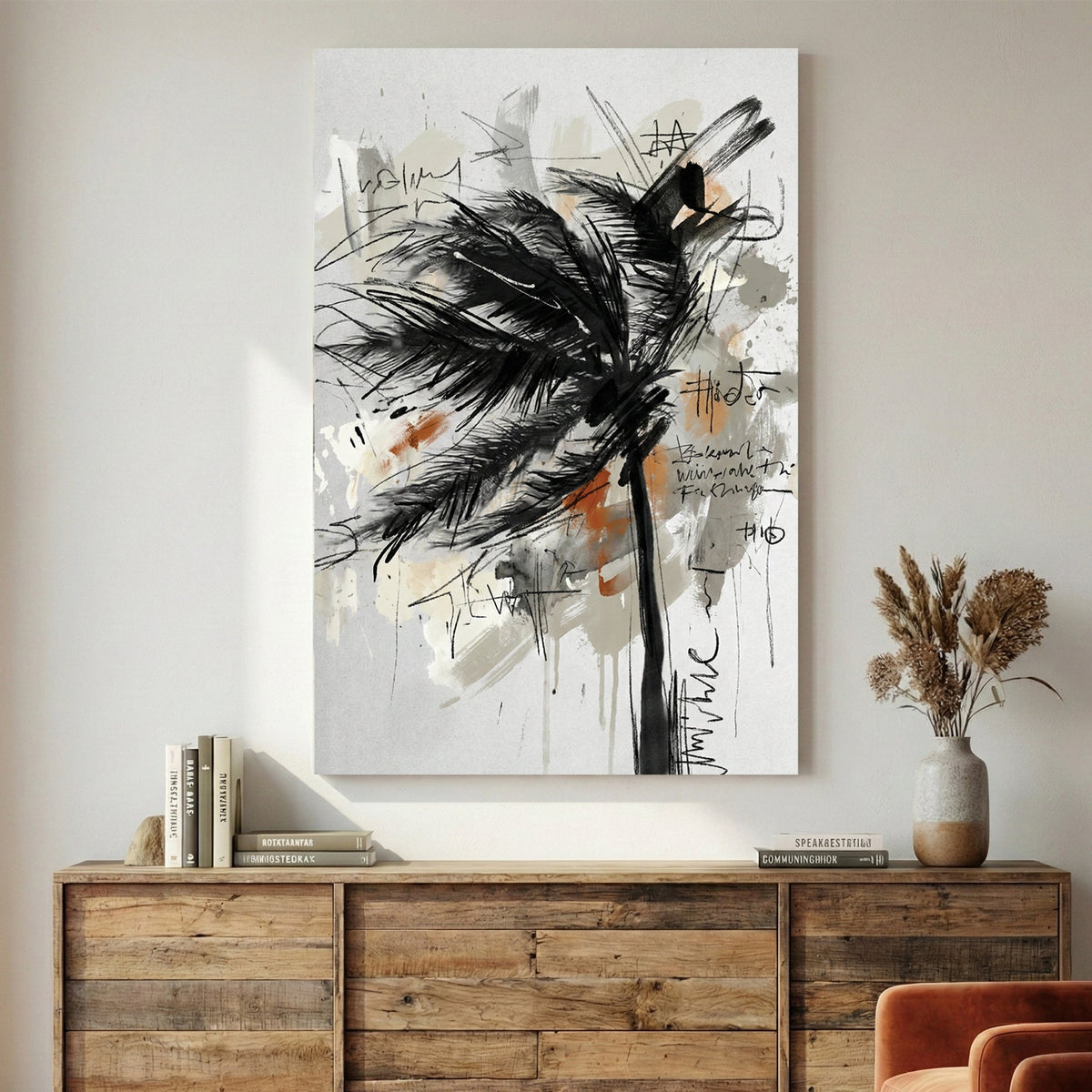 Palm tree swaying wind sketch retro ink watercolour illustration